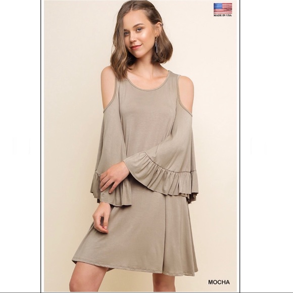 Ruffle Bell Sleeve Cold Shoulder Dress - Picture 2 of 10
